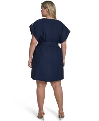Plus Size Tie Waist Cap-Sleeve Shift Dress