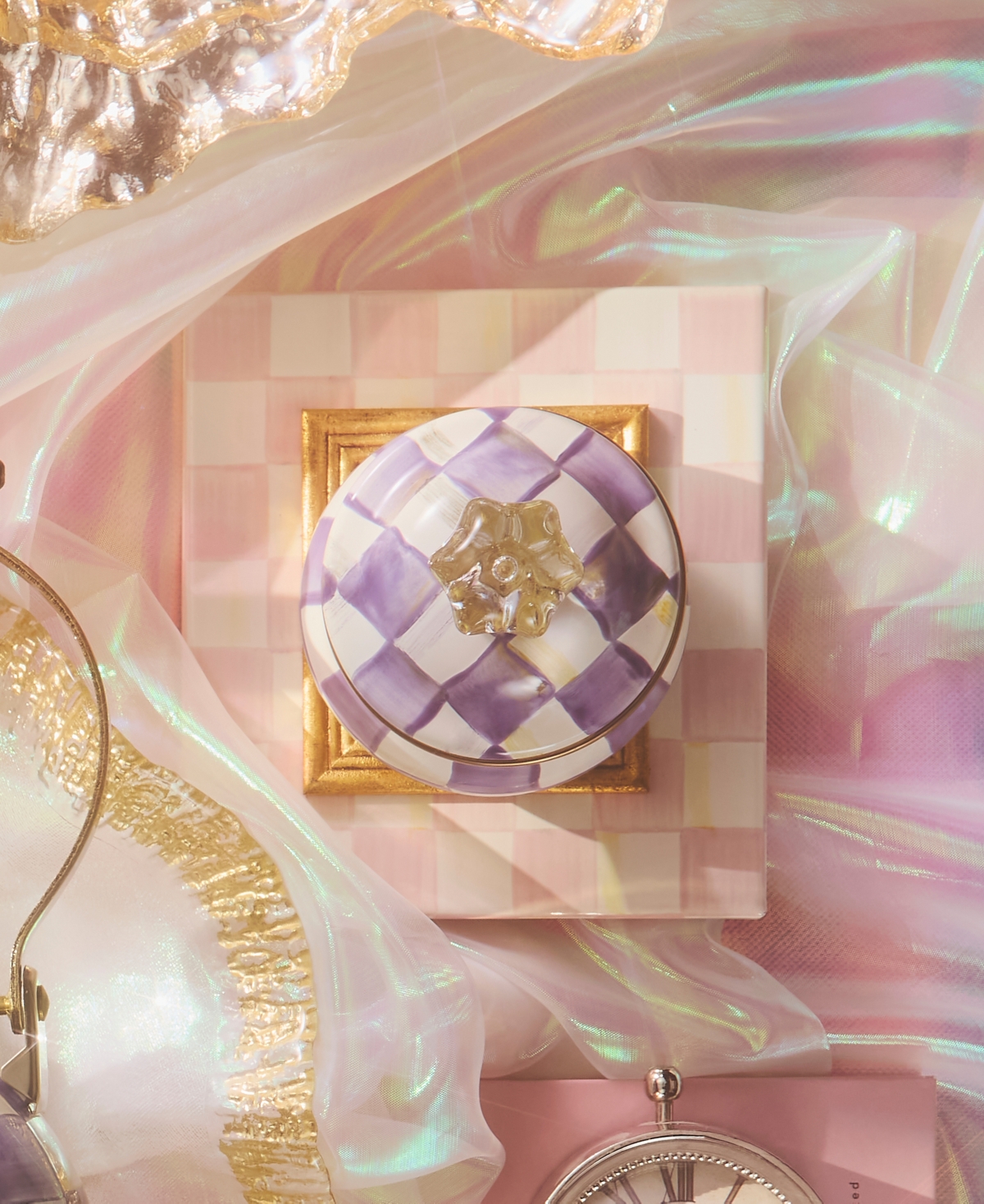 MacKenzie-Childs Violet Check Lidded Handmade Sugar Bowl