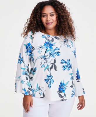 Plus Size Winding Leaves Flare Sleeve Boat Neck Top