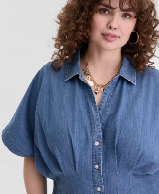 Trendy Plus Size Denim Pleated Shirtdress