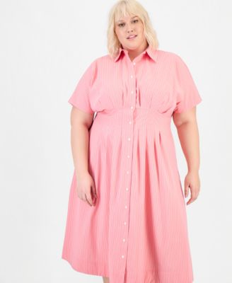 Trendy Plus Size Pinstriped Pleated-Waist Midi Shirtdress