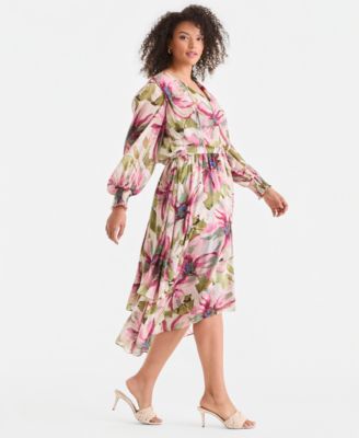 Plus Size Bubble-Sleeve Tie-Waist Tiered Dress