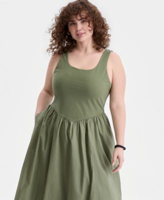 Trendy Plus Size V-Waist Mixed-Media Midi Dress