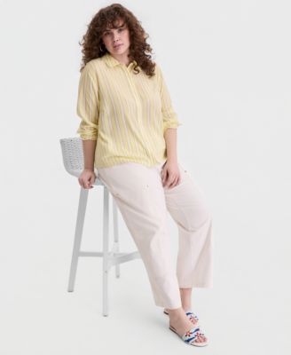 Trendy Plus Size Printed Bayside Cropped Silky Shirt