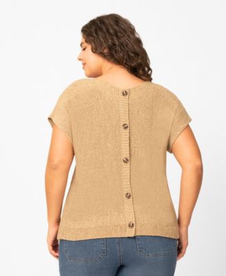Plus Size Button Back Tape Yarn Short-Sleeve Knit Sweater