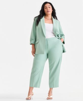 Plus Size Kiss-Front 3/4-Sleeve Blazer & Straight-Leg Pants
