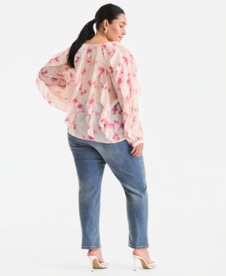 Plus Size Printed V-Neck Ruffled Blouse