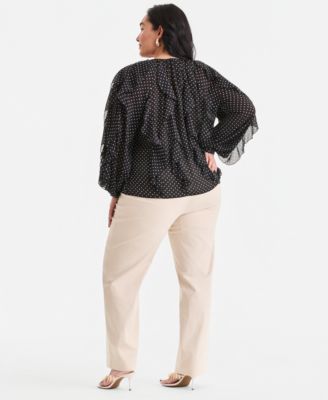 Plus Size Printed V-Neck Ruffled Blouse