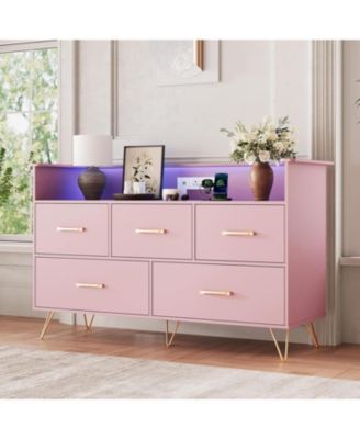 5 Drawer Dresser for Bedroom, 47 in Modern Wooden Dresser with LED Lights Charging Station, Wide Chest of Drawers Storage Organizer for Nursery