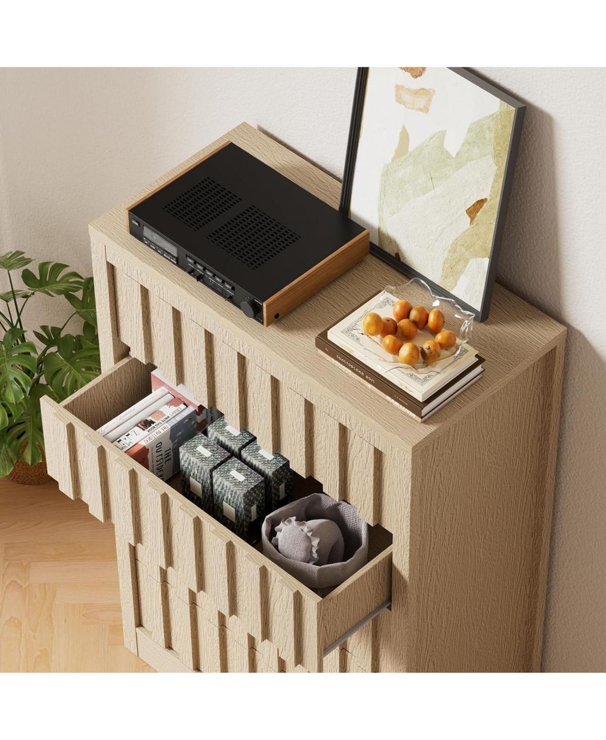 gaomon Fluted Dresser for Bedroom with 5 Drawers, 47.2'' Wide Modern Chest of Drawers with Curved Profile, Natural Wooden Drawer Organizer for Bedroom