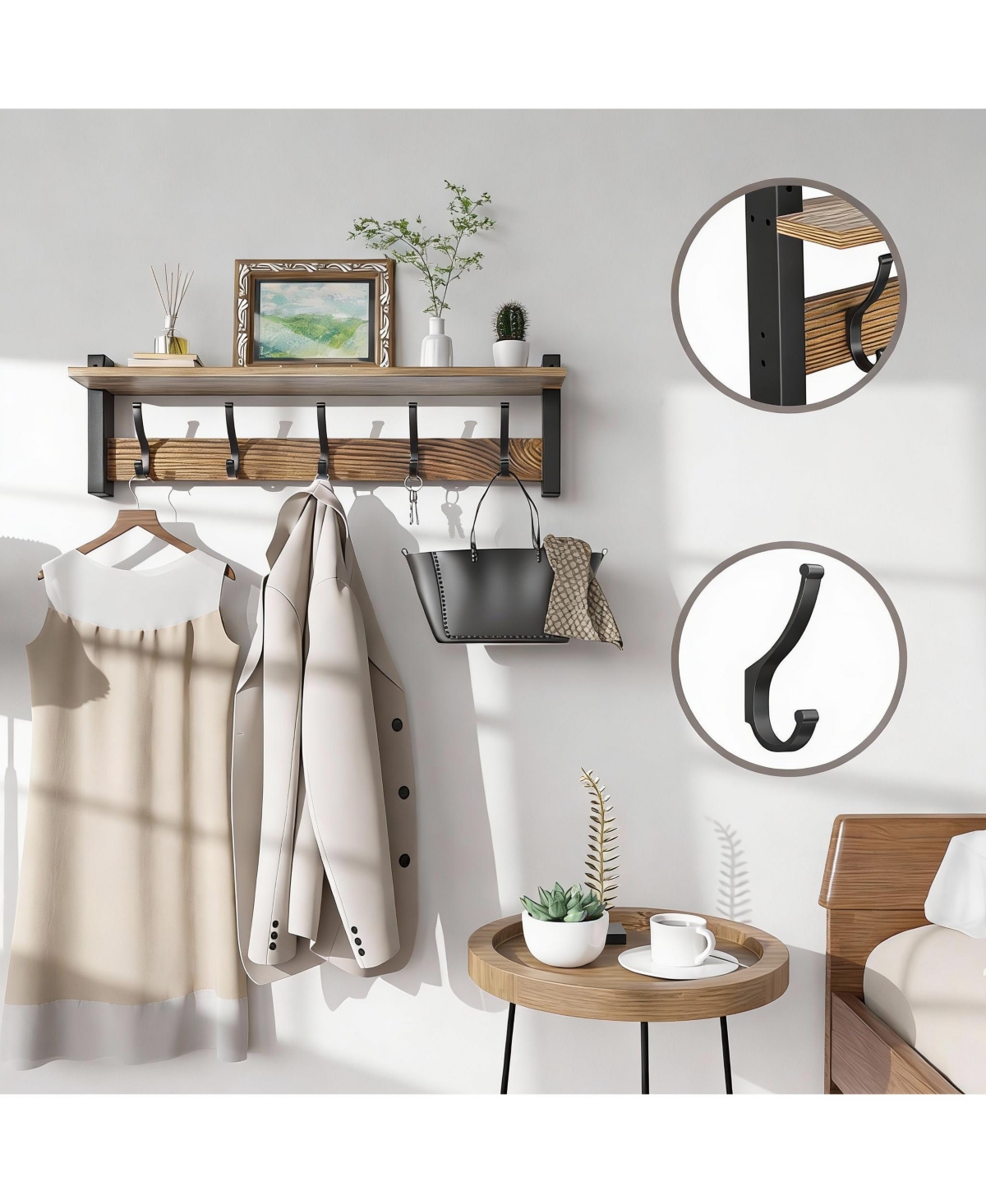 Yigii 5-Hook Wall Coat Rack with Shelf, 80 lbs Capacity, Vintage Brown
