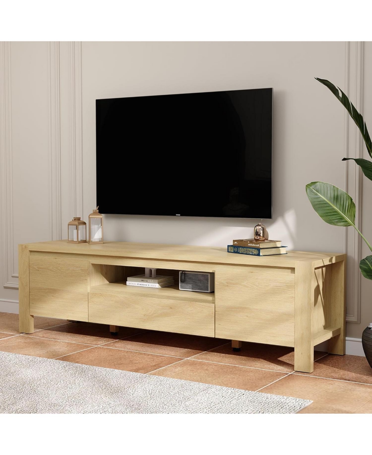 gaomon Tv Stand with Doors and Cabinet, Farmhouse Entertainment Center, Entertainment Stand for TVs Up to 70" - Natural