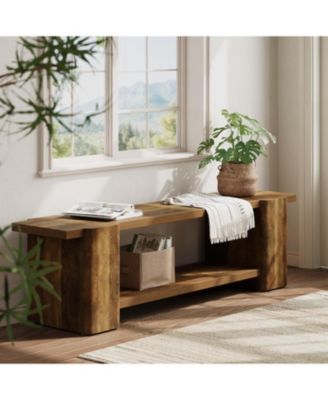 Wood Entryway Bench, 63" End of Bed Bench with Storage Shelf, Farmhouse Extra Long Shoe Bench