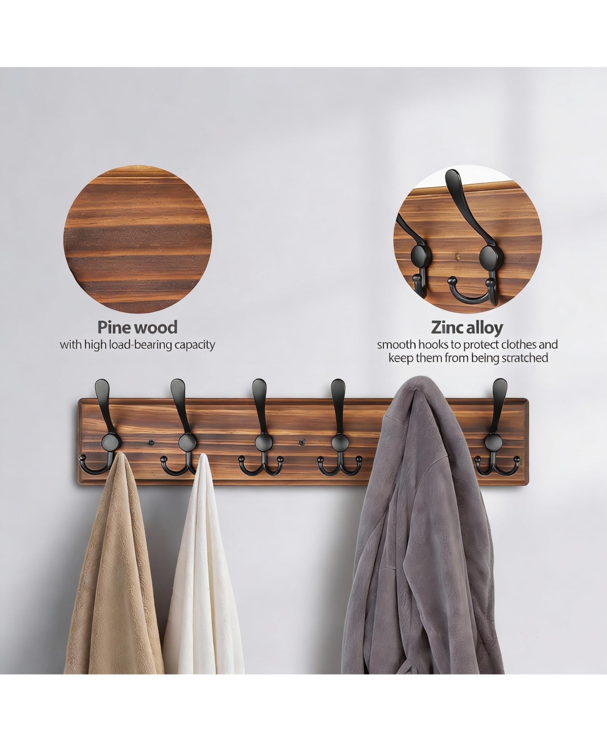 Yigii Wooden Wall Coat Rack with 6 Hooks for Coats, Jackets, Hats
