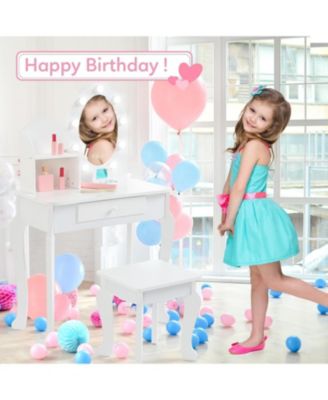 White Kids Princess Vanity Toy Set, Lighted Makeup Desk for Pretend Play Fun