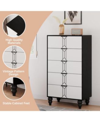 and Tall Wooden 5 Drawer Dresser with Vintage Pattern Design, Modern