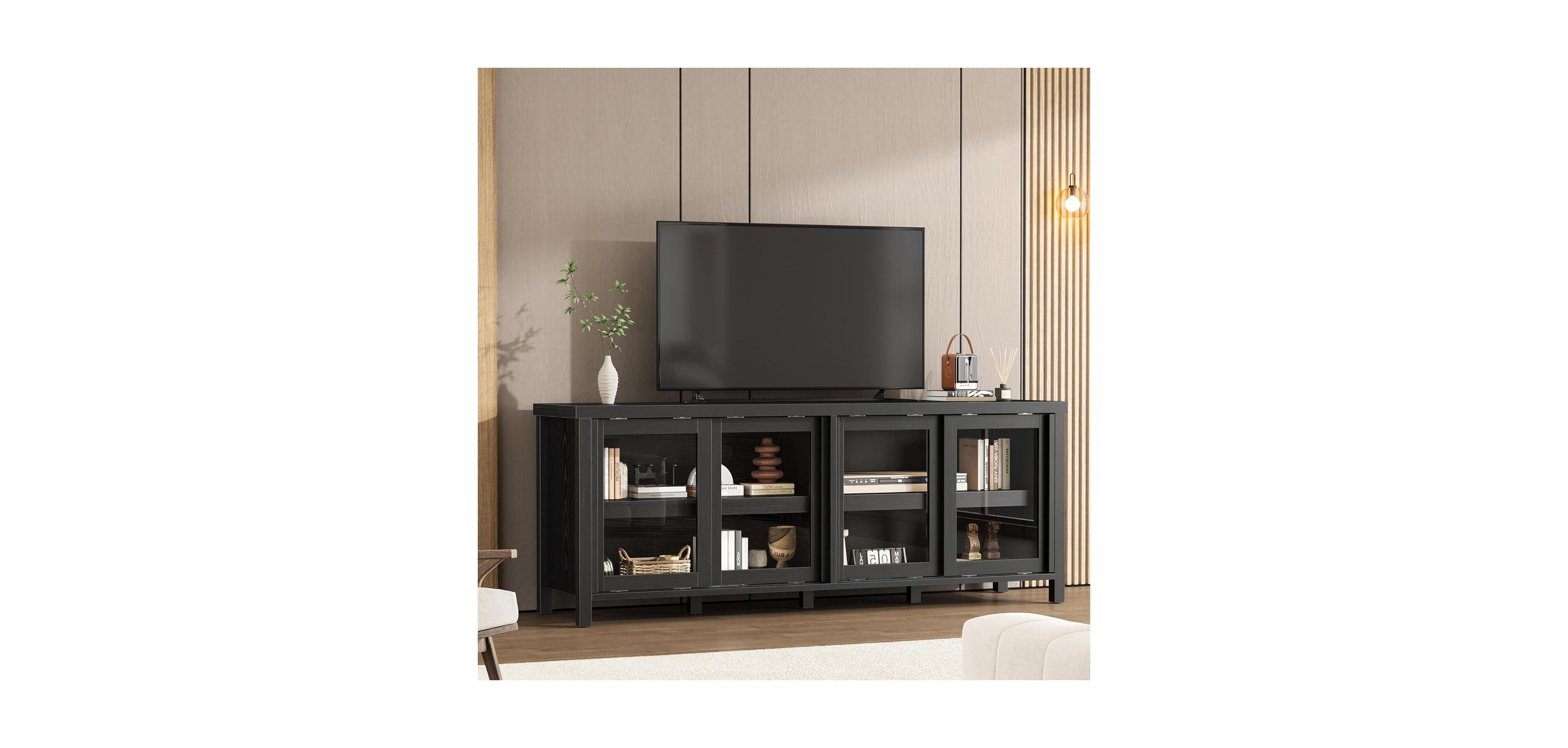 Gaomon 65 inch Tv Stand for 70" TVs, Entertainment Center with Storage Cabinet and 4 Sliding Glass Doors, Brown