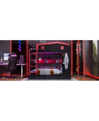  Queen Bunk Bed w/Trundle & Storage Shelves, Solid Wood, Black&Red