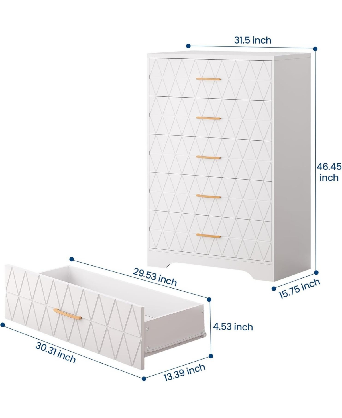 Gaomon 5 Drawer Tall Wood Dresser for Bedroom, Wooden Chest of Drawers with Gold Handles Closet, Modern Storage Cabinet