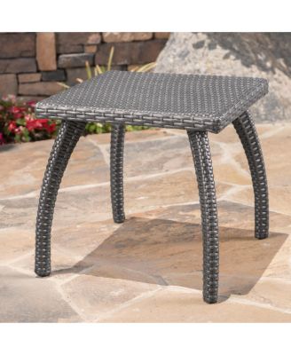 Outdoor Faux Wicker Side Table Powder Coated Iron Frame Grey Accent Table for Patio Extra Holding Space