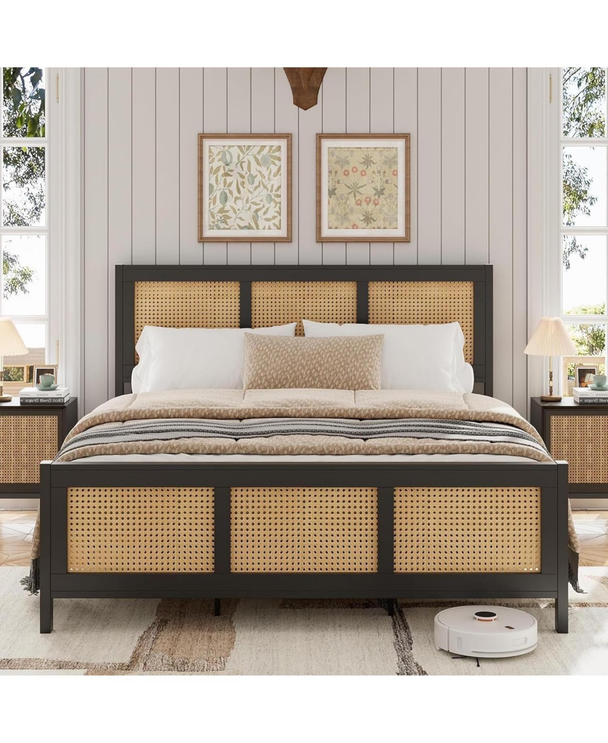 gaomon Rattan Bed Frame with Headboard, Boho Full Strong Metal Slats Support, No Box Spring Needed