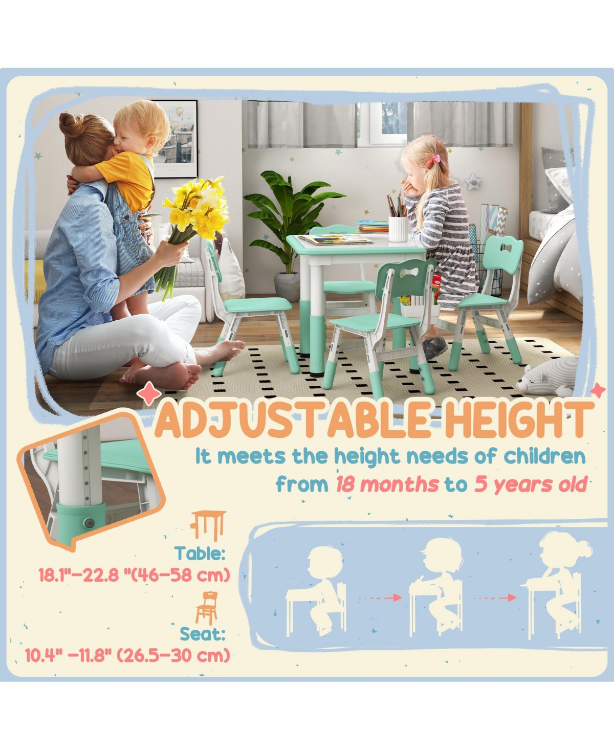 Hongge Height Adjustable Toddler Table and Chair Set with Storage Box
