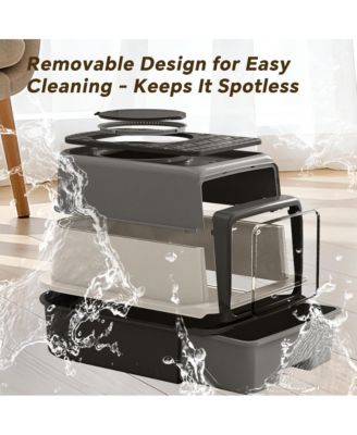 3-in-1 Modern Cat Litter Box with Hood, Tray & Mat, Grey