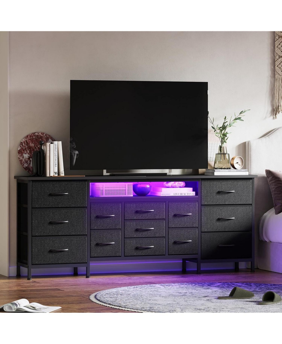 gaomon 70 Inch Long Dresser with 13 Drawers, Tv Stand for 65-80 Charging Station Led Lights, Fabric Storage Organizer Bedroom