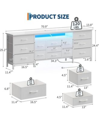 70 Inch Long Dresser with 13 Drawers, TV Stand for 65-80 Inch TV with Charging Station LED Lights, Fabric Storage Organizer for Bedroom