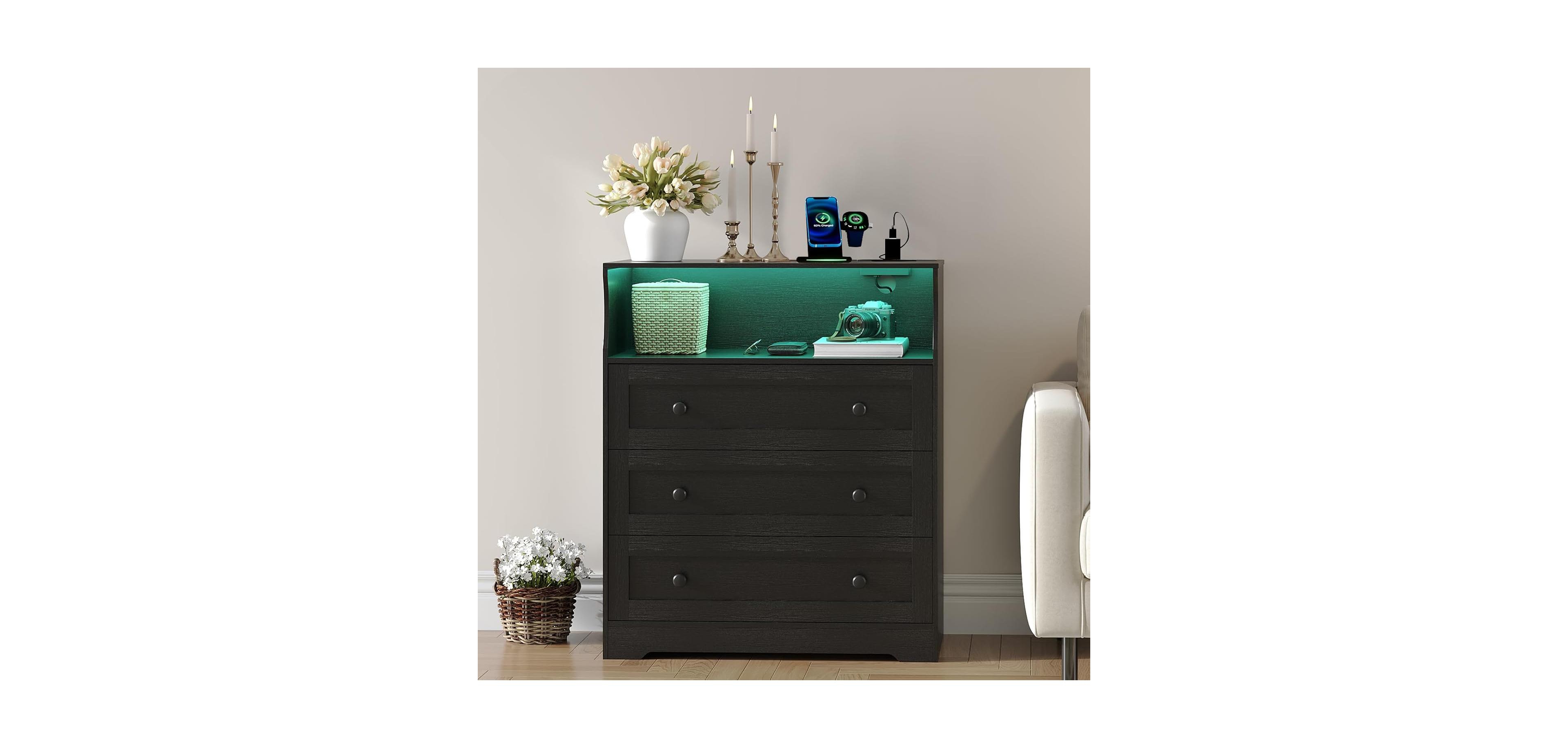 gaomon 3 Drawer Tall Dresser for Bedroom with Led Lights, Wood Charging Station Closet, Wooden Nightstand Bedside