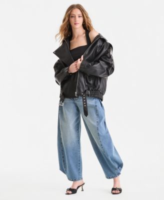 Women's Faux-Leather Zip-Front Bomber Jacket