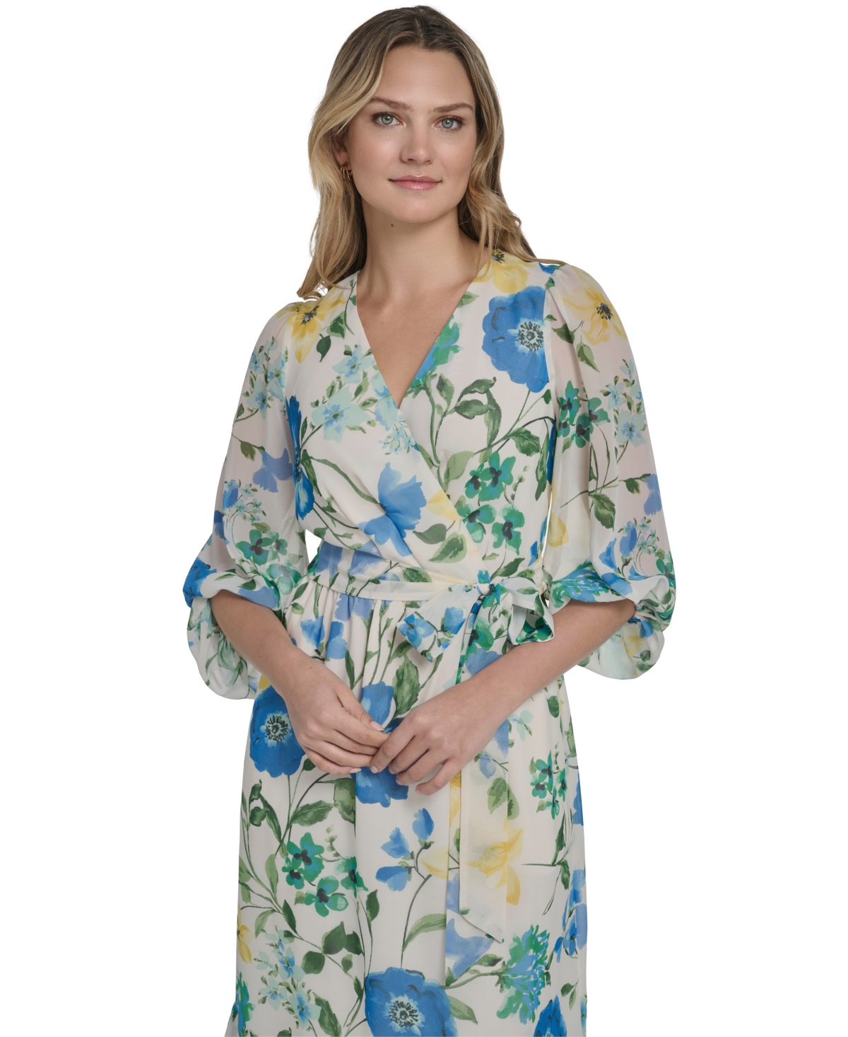 Jessica Howard Women's V-Neck Balloon Sleeve Surplice Tiered Midi Dress