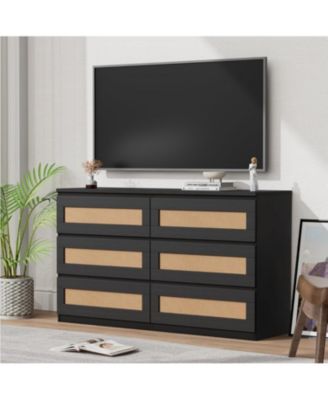 6 Drawer Double Dresser for Bedroom, Rattan Dresser for Bedroom with Smooth Mental Slide, Modern Wood Chest for Bedroom, Living Room, Hallway,