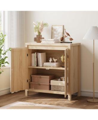 Mid Century Sideboard Buffet - 30 in Retro Storage Cabinet with Rattan Doors & Adjustable Shelves, Boho Chic Accent Console