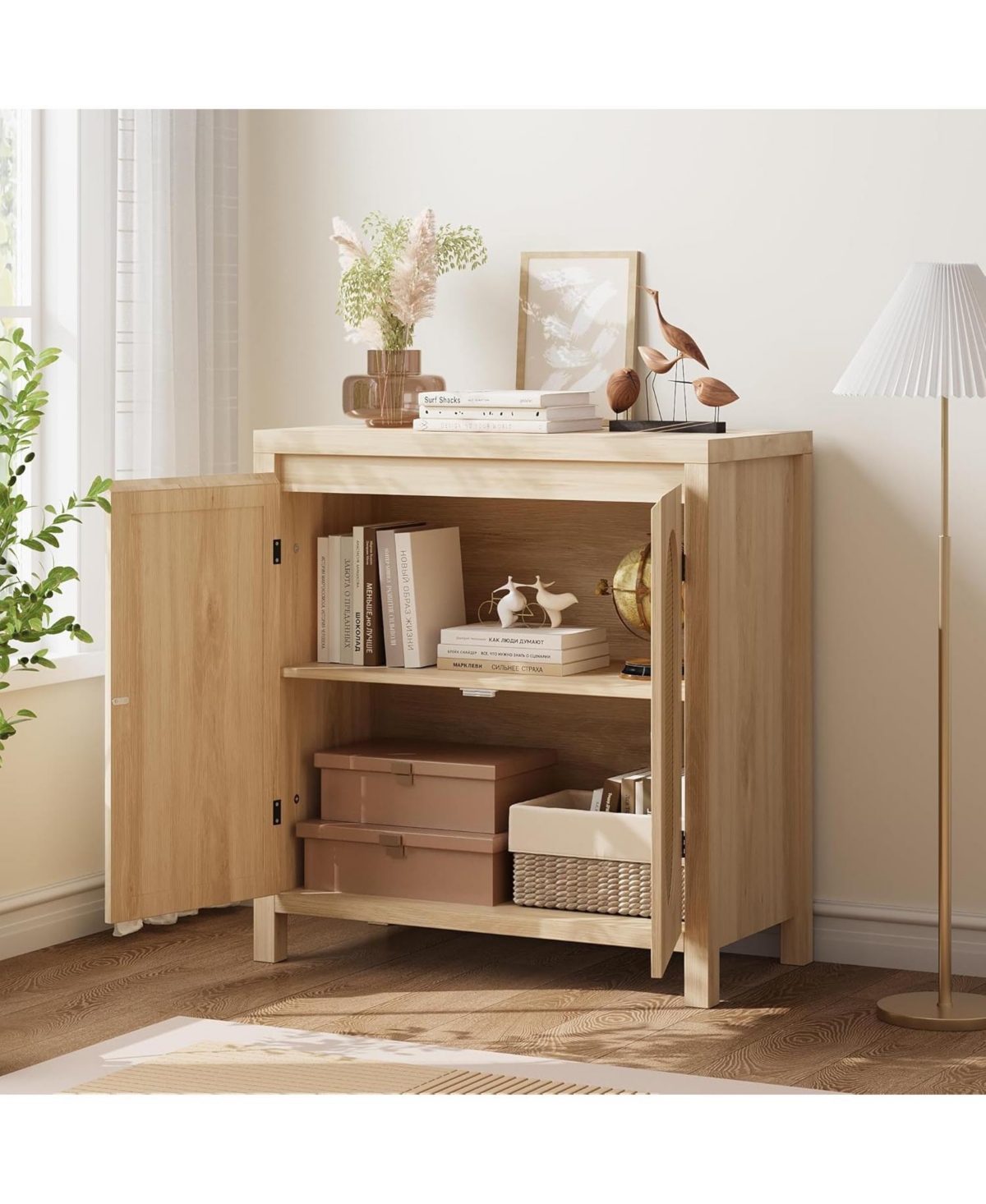 gaomon Mid Century Sideboard Buffet - 30 Retro Storage Cabinet with Rattan Doors & Adjustable Shelves, Boho Chic Accent Console
