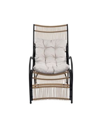 3 Piece Black Natural Beige Wicker Outdoor Patio Furniture Set with Lounge Chair Side Table Ottoman and Cushions for Garden Deck Porch