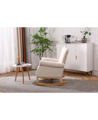 Modern High Back Nursery Rocking Chair Comfortable Fabric Padded Seat Armchair with Warm Wood Color Curved Legs for Baby Room Reading Corner