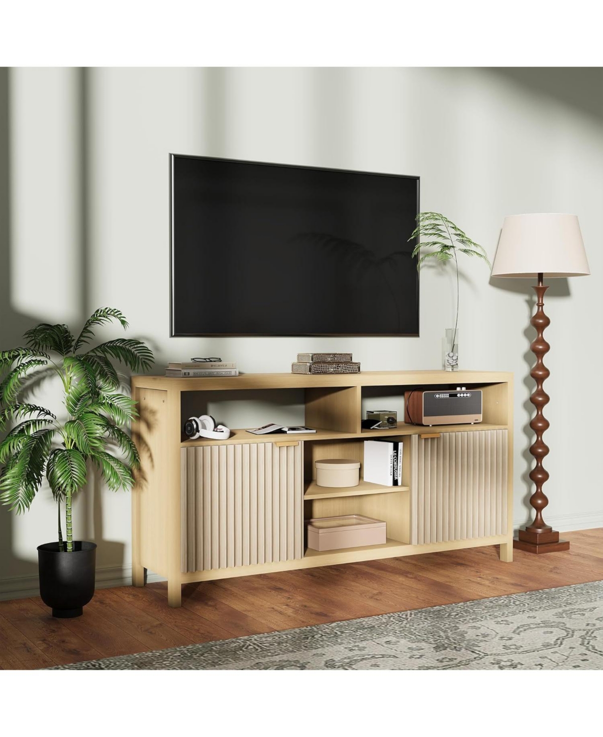 gaomon Fluted Tv Stand for 65 in Tv, Mid Century Modern Entertainment Enter with Storage, for Living Room/Bedroom - Natural