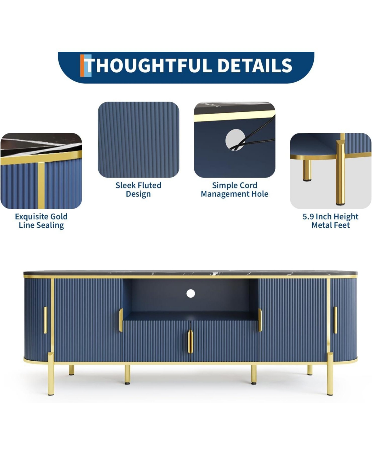 gaomon Luxury 70 Fluted Tv Stand with Faux Marble Top, Entertainment Center for TVs Up to 80