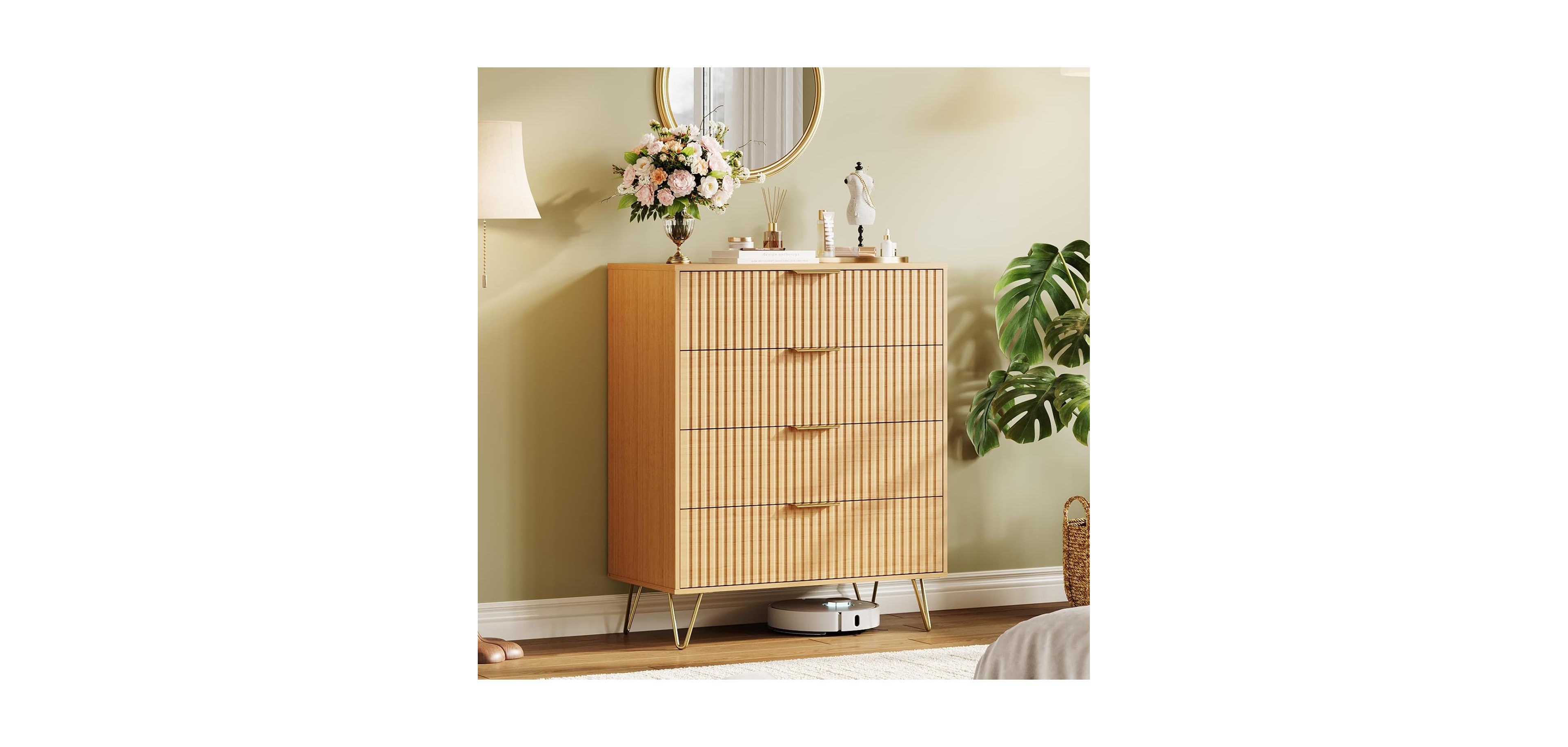 gaomon Fluted 4-Drawer Dresser for Bedroom, 32'' Wide Modern Minimalist Chest of Wooden Drawers,Wide Clothes Storage Organizer