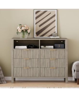 Modern 6-Drawer Double Dresser - 47'' Wide Fluted Wooden Chest of Drawers with 2 Open Shelves, Mid Century Storage Dresser Organizer