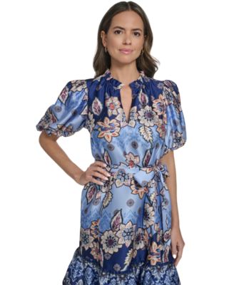 Petite Bubble-Sleeve V-Neck Short Dress