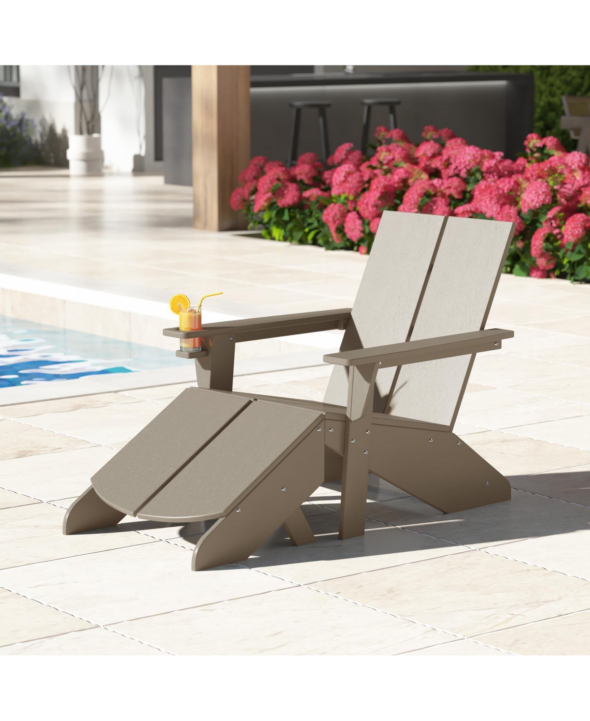 Outdoor Hdpe Modern Adirondack Chair with Folding Patio Ottoman and Cup Holder