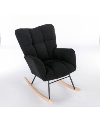 Black Teddy Fabric Nursery Rocking Glider Chair with Wooden Frame Metal Base Rocking Legs 250 LBS Capacity for Living Room Bedroom Indoor