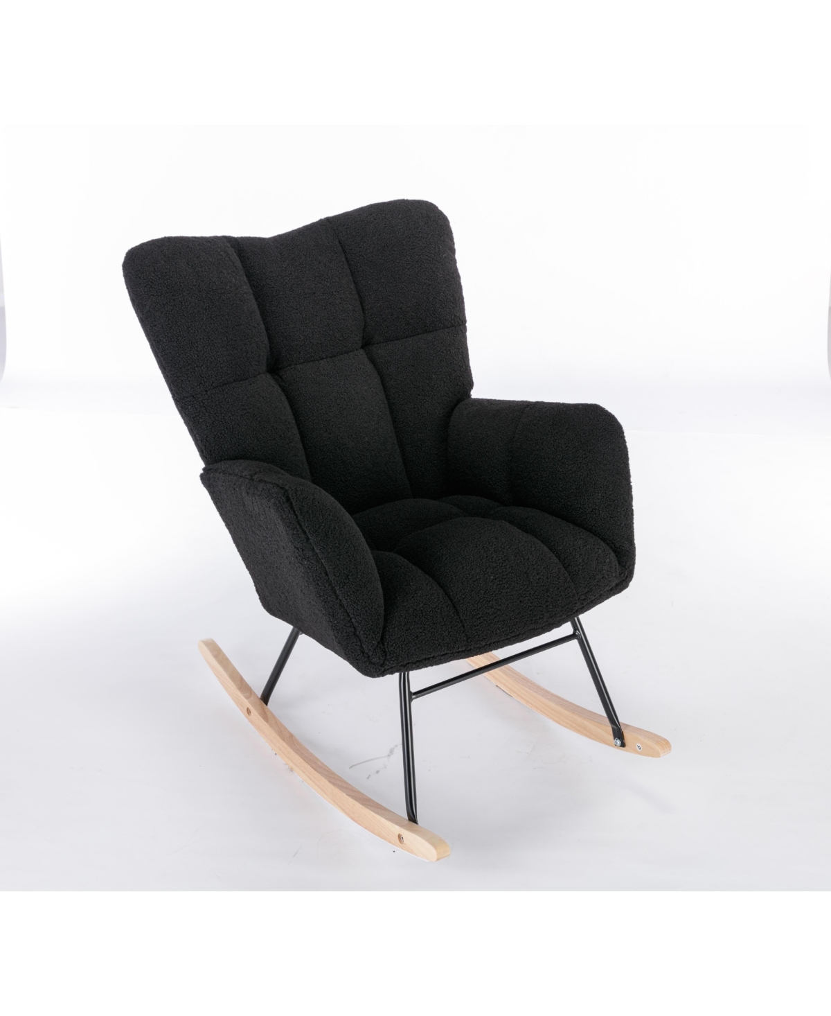 Flynama Black Teddy Fabric Nursery Rocking Glider Chair with Wooden Frame Metal Base Rocking Legs 250 Lbs Capacity for Living Room Bedroom Indoor