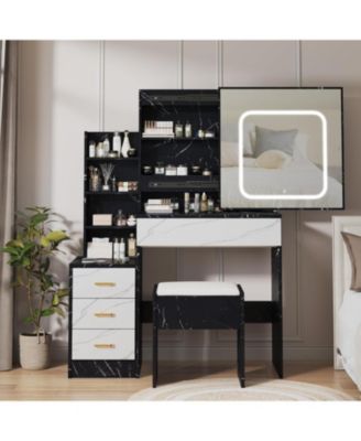 4-Drawer Vanity Desk, 3-Color Adjustable Lighted Mirror Makeup Table for Bedroom