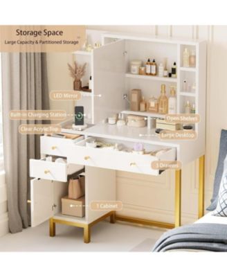 White LED Lighted Makeup Desk, Dressing Table with Built-in Power Outlet