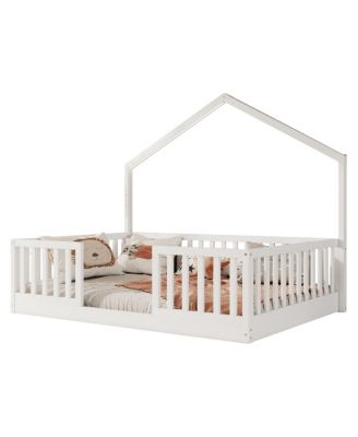 Full Floor Bed with High Rails, Wooden Montessori Bed with Light