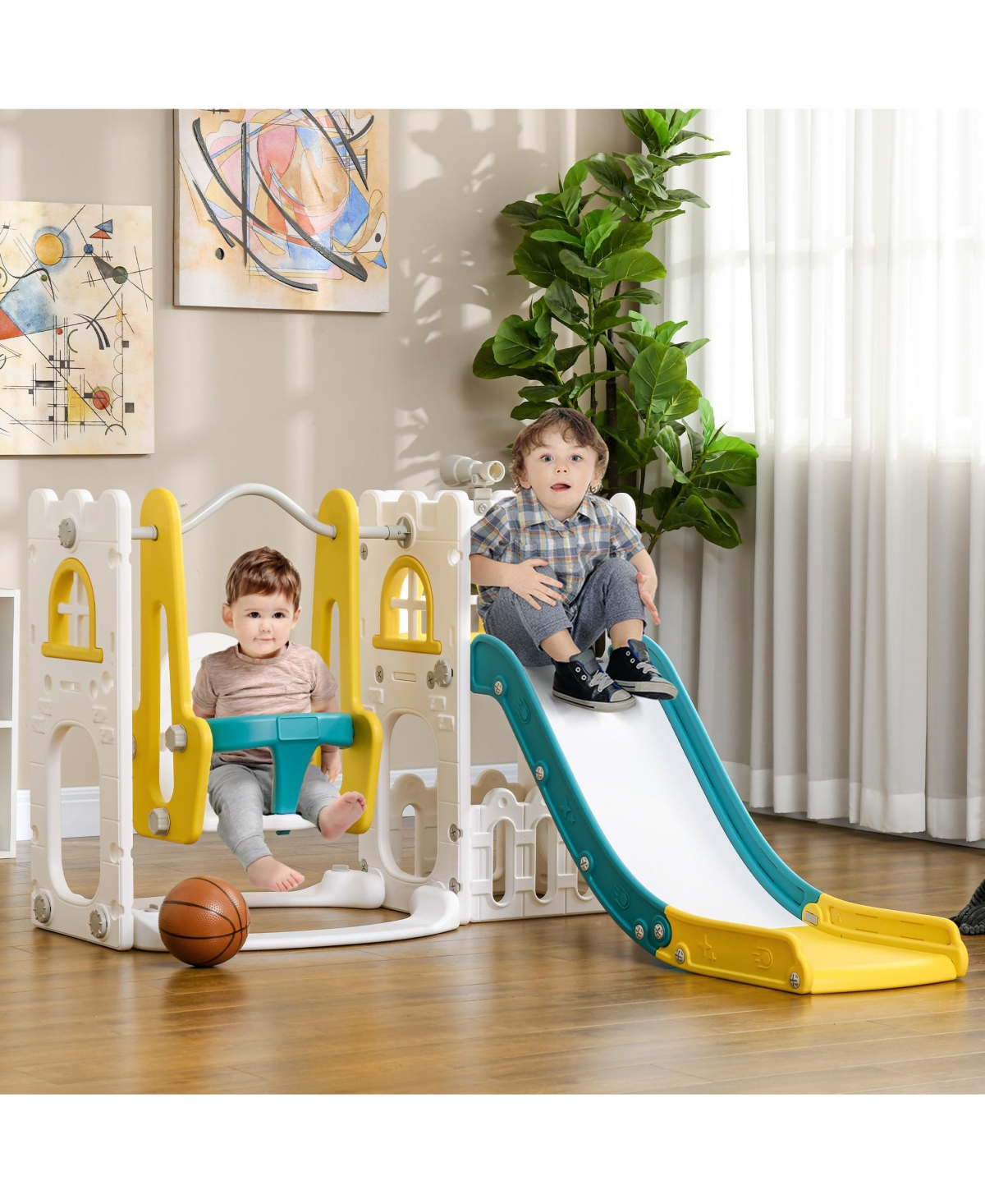 Hongge 6 in 1 Indoor Toddler Slide and Swing Playset