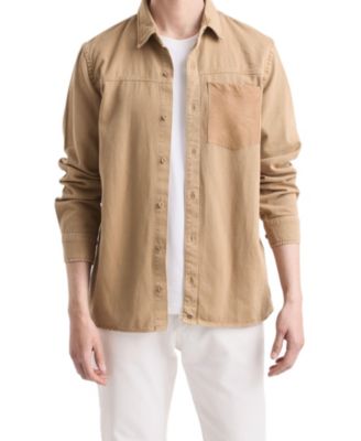 Men's Long-Sleeve Cotton Overshirt With Leather Pocket